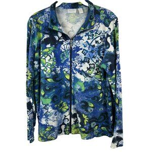 Chicos Women's Jacket Size Medium Blue Green 100% Cotton Full Zipper Colorful